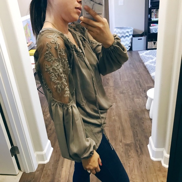 Warm olive green sheer blouse - Picture 3 of 6